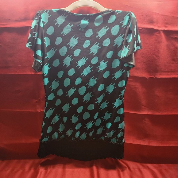 HOT TEMPERED Size Large Short Sleeve Blouse Black Green Polka Dot Stretch Dress - Picture 3 of 5